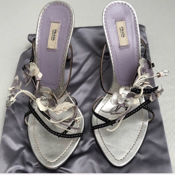 Neiman Marcus 95th anniversary Prada silver metallic and black floral heels - Picture 1 of 9